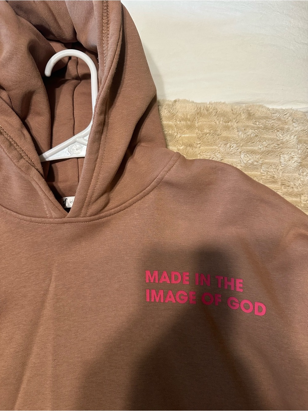 Brown Hoodie with Pink 'Made in the Image of God' Print